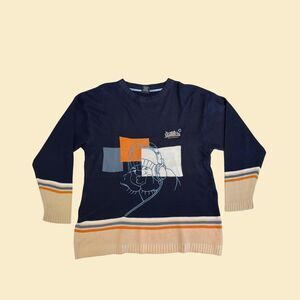 Vintage Y2K Southpole sweater, size L blue/beige spellout logo 2000s sweatshirt